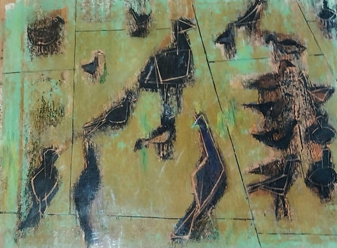 Sam Provenzano Original Mid Century Modern Mixed Media Abstract Expressionist Composition Painting Birds