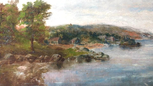 Antique 19thc Theodore Robinson Original American Impressionism Catskill Farmhouses Hudson River NY Oil Painting