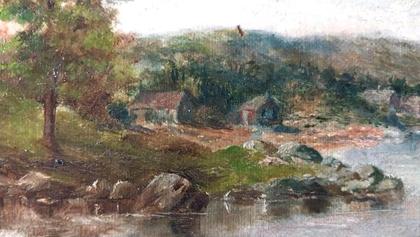 Antique 19thc Theodore Robinson Original American Impressionism Catskill Farmhouses Hudson River NY Oil Painting