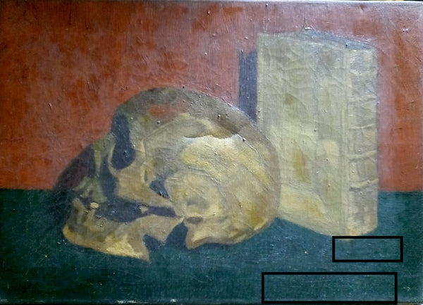 Vincent Van Gogh Vincent Willem van Gogh Original Antique Late 19th Century Nature Morte Skull in Profile With a Bible Book Bijbel  Post Impressionist Still Life Oil Painting Circa 1885/86 Antwerp Belgium Period