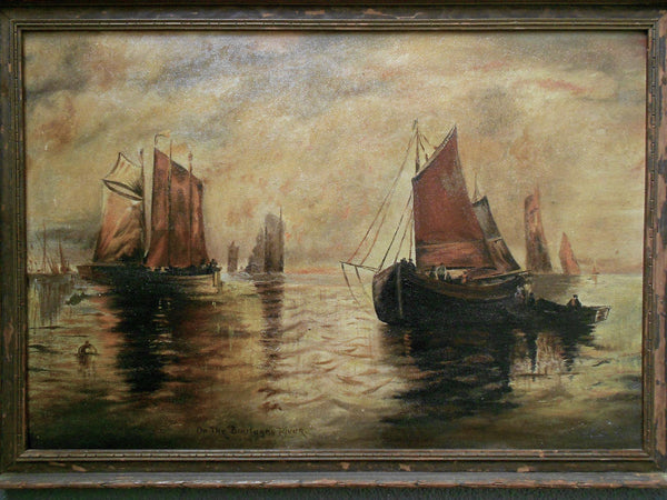 Victor Boner Original Antique Luminous French Oil Painting of Venetian Ships Entitled "On the Boulogne River" of the La Piccola Venezia Bologna River Venice European Fine Art