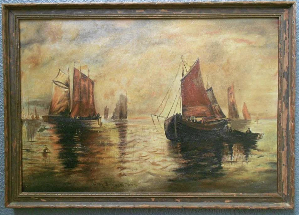 Victor Boner Original Antique Luminous French Oil Painting of Venetian Ships Entitled "On the Boulogne River" of the La Piccola Venezia Bologna River Venice European Fine Art