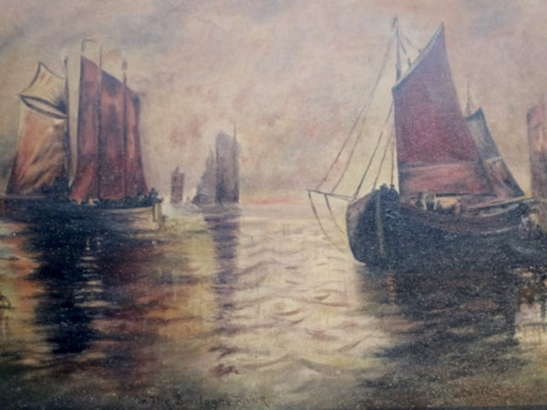 Victor Boner Original Antique Luminous French Oil Painting of Venetian Ships Entitled "On the Boulogne River" of the La Piccola Venezia Bologna River Venice European Fine Art