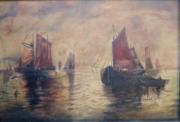 Victor Boner Original Antique Luminous French Oil Painting of Venetian Ships Entitled "On the Boulogne River" of the La Piccola Venezia Bologna River Venice European Fine Art