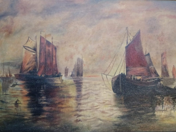 Victor Boner Original Antique Luminous French Oil Painting of Venetian Ships Entitled "On the Boulogne River" of the La Piccola Venezia Bologna River Venice European Fine Art