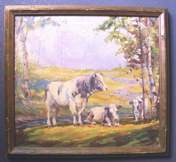 Original Antique Edward Charles Volkert Attributed Cattle Sunlit Spring Landscape American Impressionist Oil Painting