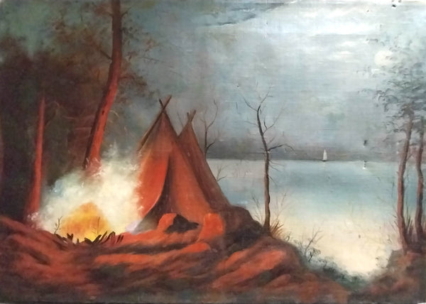 William Skilling Original British American Vintage Antique Native American Indian Tepees Tipis Teepees San Francisco California Ohlone Costanoan Tribe Traditional Oil Painting on Canvas Approximately 1920