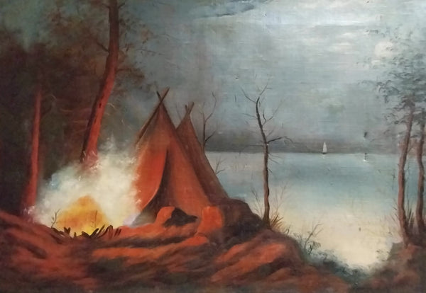 William Skilling Original British American Vintage Antique Native American Indian Tepees Tipis Teepees San Francisco California Ohlone Costanoan Tribe Traditional Oil Painting on Canvas Approximately 1920