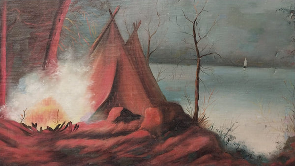 William Skilling Original British American Vintage Antique Native American Indian Tepees Tipis Teepees San Francisco California Ohlone Costanoan Tribe Traditional Oil Painting on Canvas Approximately 1920