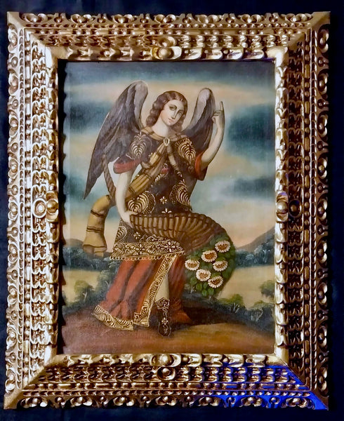 Peruvian 20th C Spanish Colonial Cuzco School Escuela Cuzqueña Catholic Religious Icon Oil Painting Archangel Rafael