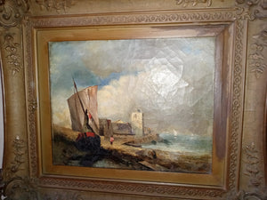 Johan Jongkind Original Antique 19th Century Dutch Hague Vlaardingen Castle Netherlands Port Marine Landscape Fishing Boat Oil Painting September 1886