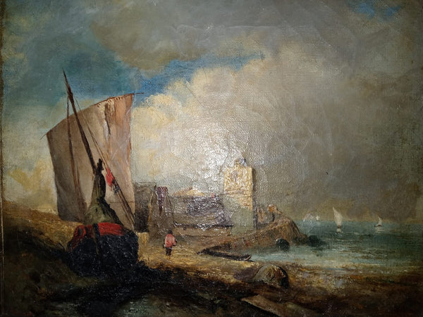 Johan Jongkind Original Antique 19th Century Dutch Hague Vlaardingen Castle Netherlands Port Marine Landscape Fishing Boat Oil Painting September 1886