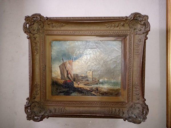 Johan Jongkind Original Antique 19th Century Dutch Hague Vlaardingen Castle Netherlands Port Marine Landscape Fishing Boat Oil Painting September 1886