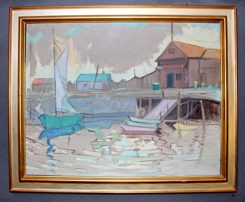 Anders Gustaf Aldrin Original Vintage Antique Swedish American LA California Post Impressionist Fauve Oil Painting Sailboats in Harbor