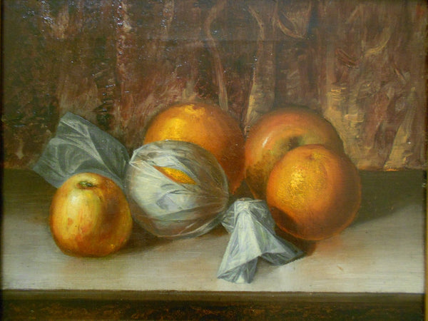 Alberta Binford McCloskey Original California Still Life Tissue Paper Wrapped Tangerine Oranges Lady Apples Antique American Oil Painting