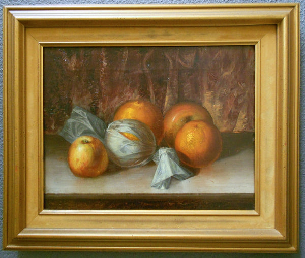 Alberta Binford McCloskey Original California Still Life Tissue Paper Wrapped Tangerine Oranges Lady Apples Antique American Oil Painting