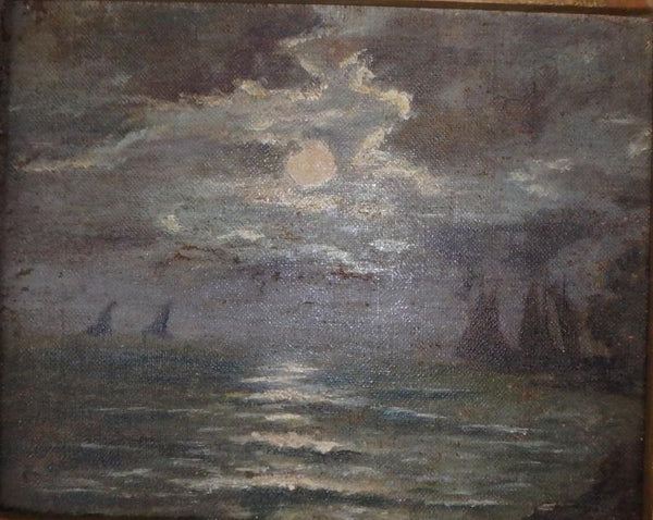 Original Antique American Tonalism Modernist Nautical Nocturnal Sailboats in a Seascape Oil Painting Manner of Tonalist Albert Pinkham Ryder