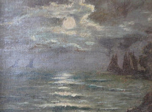 Original Antique American Tonalism Modernist Nautical Nocturnal Sailboats in a Seascape Oil Painting Manner of Tonalist Albert Pinkham Ryder