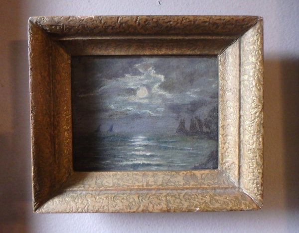 Original Antique American Tonalism Modernist Nautical Nocturnal Sailboats in a Seascape Oil Painting Manner of Tonalist Albert Pinkham Ryder