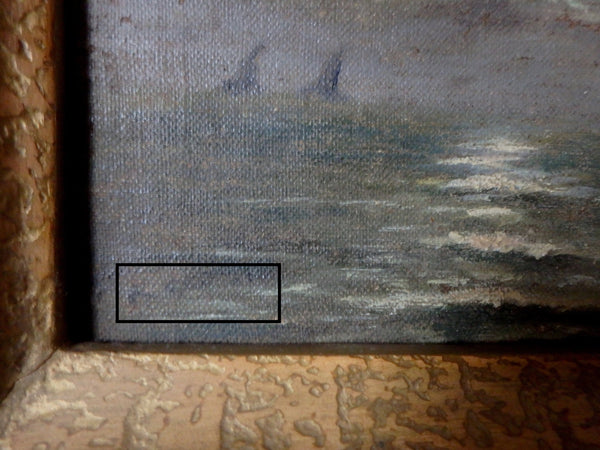 Original Antique American Tonalism Modernist Nautical Nocturnal Sailboats in a Seascape Oil Painting Manner of Tonalist Albert Pinkham Ryder