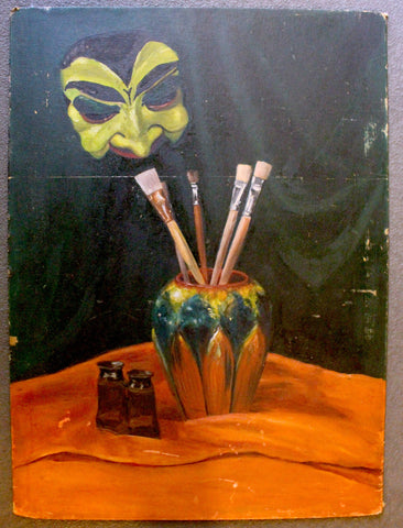 Andree Ruellan Vintage American Modernist NY Social Realism Art California Still Life Surrealist Oil Painting Mardi Gras Mask