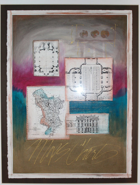 Alfred Russell Original Modern Vintage New Classicism Hellenistic NY Abstract Expressionist Mixed Media Aquatint Collage Painting "Maps Charts"