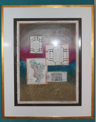 Alfred Russell Original Mod Vintage New Classicism Hellenistic NY Abstract Expressionist Mixed Media Aquatint Collage Painting "Maps Charts"