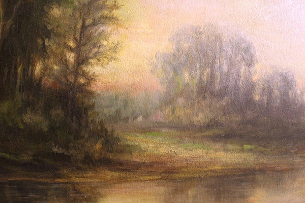 Alexander Helwig Wyant Original Antique American Tonalism Sunset Landscape Oil Painting Woodland River At Dusk AH Wyant