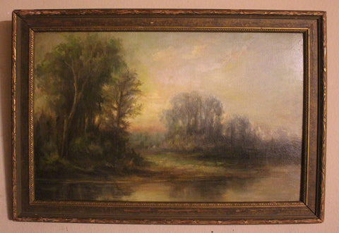 Alexander Helwig Wyant Original Antique American Tonalism Sunset Landscape Oil Painting Woodland River At Dusk AH Wyant