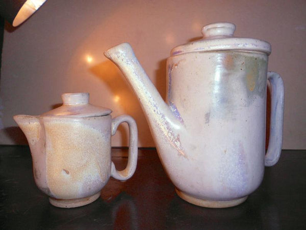 Bernard Leach Fine Post War British Smokey Carbon Trap Shino Ash Art Studio Pottery Set Lidded Teapot & Creamer By the Father of British Pottery