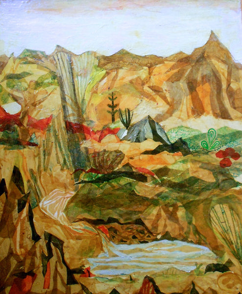 Beatrice Mandelman Original American WPA Taos Modernist Vintage Gouache And Collage Painting Mixed Media Landscape Santa Fe Art