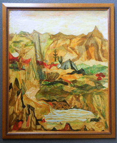 Beatrice Mandelman Original American WPA Taos Modernist Vintage Gouache And Collage Painting Mixed Media Landscape Santa Fe Art