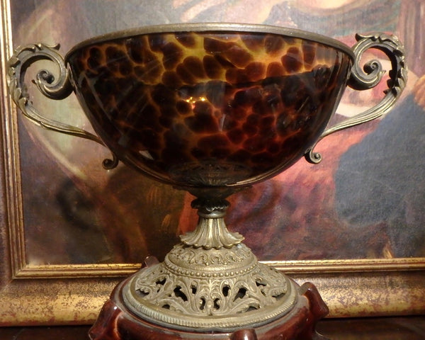 Antique Baldi Firenze Italian Amber Tartaruga Tortoise Shell Blown Glass Compote Vase Gilt Bronze Ormolu Mounts