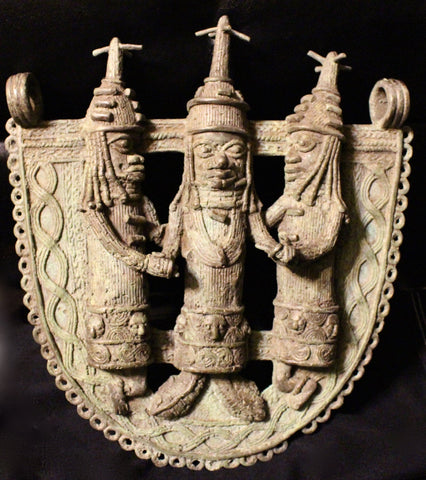 Antique Benin Bronze Plaque Nigerian King Oba with Warriors African Edo Peoples Tribal Ancient Artifact Art Sculpture