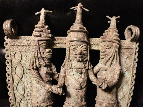 Antique Benin Bronze Plaque Nigerian King Oba with Warriors African Edo Peoples Tribal Ancient Artifact Art Sculpture