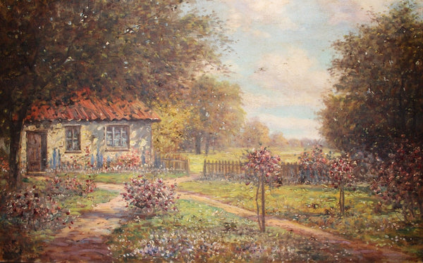 Antique Charles Henry Miller Original Long Island New York Cottage Homestead Landscape American Tonal Impressionist Oil Painting