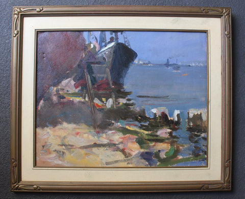 Clarence Raymond Johnson Original Vintage Pennsylvania Los Angeles California Impressionist American Art Oil Painting of a Boat in a Harbor