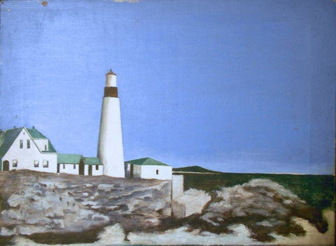 Original Vintage Antique American Abstract Precisionist Cubist Charles Sheeler Manner Petit Manan Island Maine Lighthouse Oil Painting