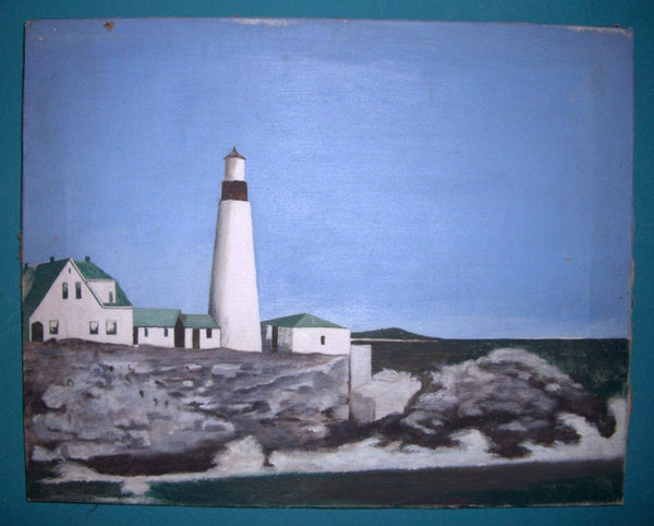 Original Vintage Antique American Abstract Precisionist Cubist Charles Sheeler Manner Petit Manan Island Maine Lighthouse Oil Painting