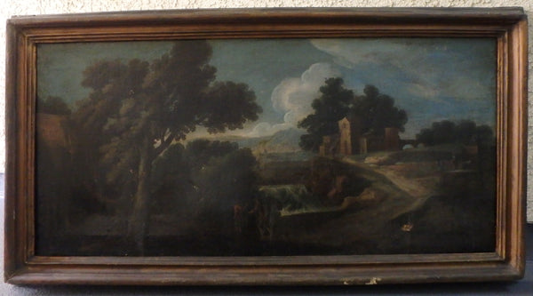 Annibale Carracci Original Antique Italian Baroque Classicism Bologna Old Master Landscape Spoleto Aqueduct Oil Painting Ponte Di Annibale Umbria