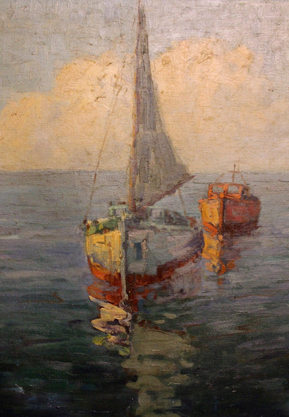 Aldro Thompson Hibbard Original Rockport Massachusetts Plein Air Vintage Antique Impressionist Oil Painting Sailboats in a Seascape