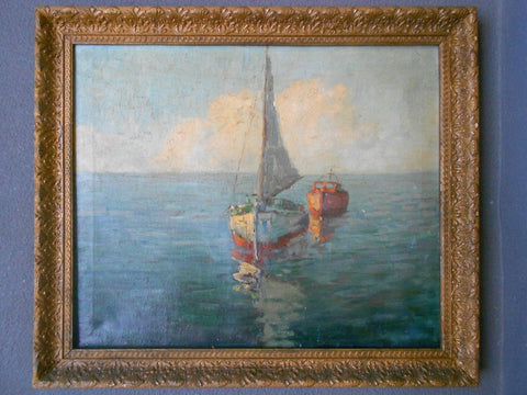 Aldro Thompson Hibbard Original Rockport Massachusetts Plein Air Vintage Antique Impressionist Oil Painting Sailboats in a Seascape