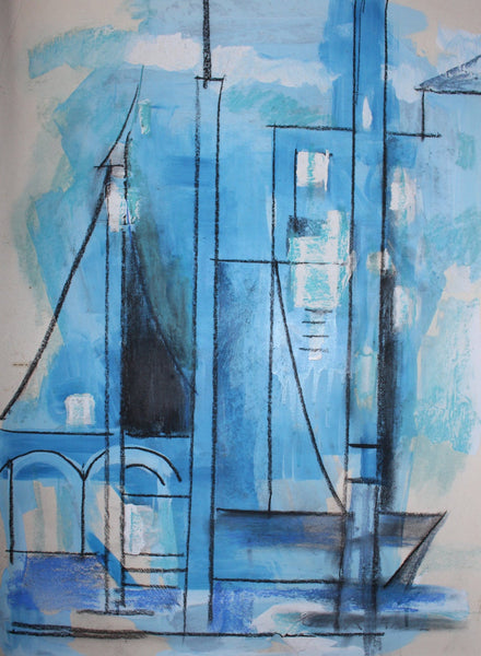 Lyonel Charles Feininger Original Vintage Abstract Expressionist Cubism Cubist Architectural Composition w Sailboat Gouache Pastel Painting