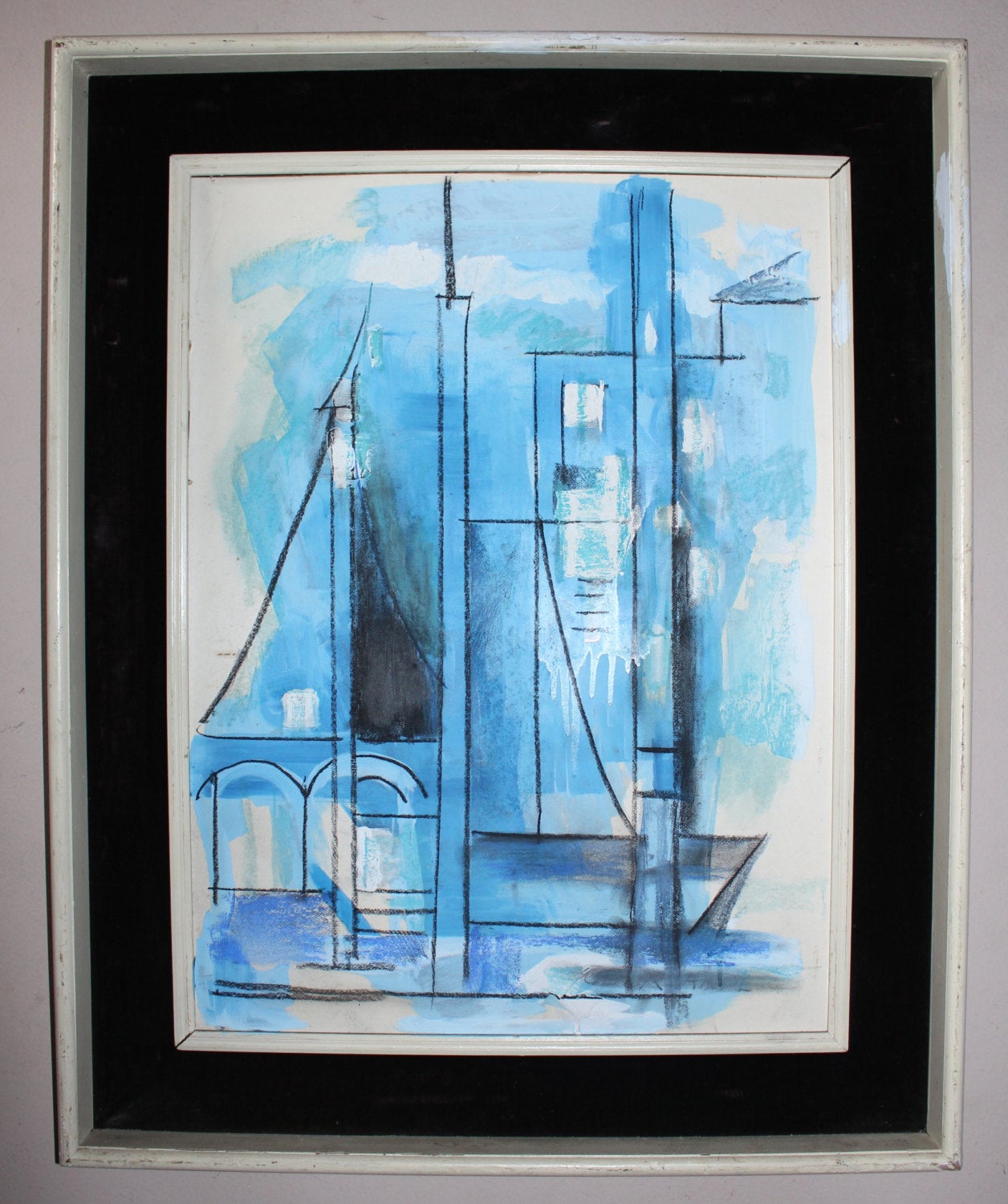 Lyonel Charles Feininger Original Vintage Abstract Expressionist Cubism Cubist Architectural Composition w Sailboat Gouache Pastel Painting