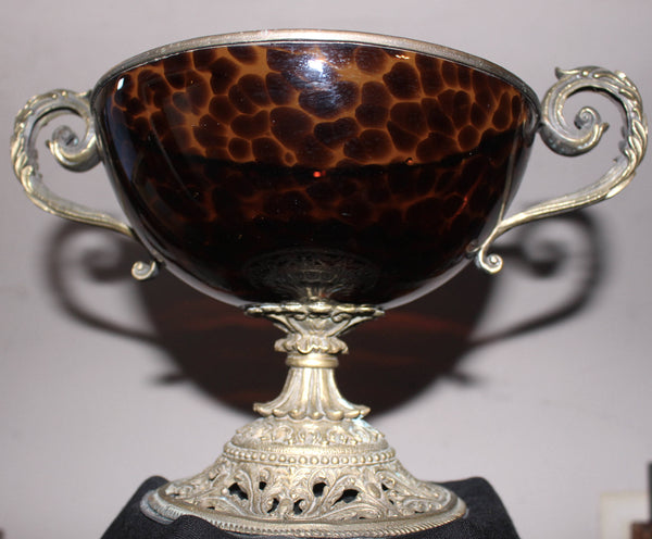 Antique Baldi Firenze Italian Amber Tartaruga Tortoise Shell Blown Glass Compote Vase Gilt Bronze Ormolu Mounts