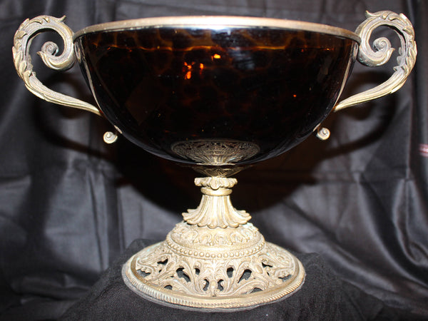 Antique Baldi Firenze Italian Amber Tartaruga Tortoise Shell Blown Glass Compote Vase Gilt Bronze Ormolu Mounts