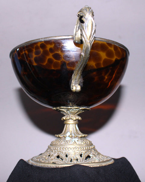 Antique Baldi Firenze Italian Amber Tartaruga Tortoise Shell Blown Glass Compote Vase Gilt Bronze Ormolu Mounts