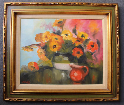 Guy Carleton Wiggins Original Vintage American Old Lyme Conn New York School Impressionist Still Life Flowers With Red Pitcher Oil Painting