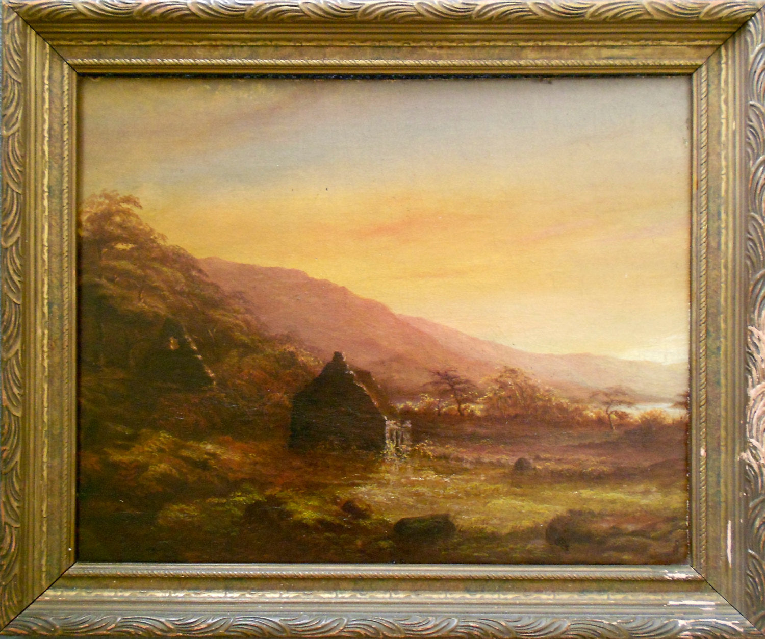 Original Antique American Hudson River School Luminous Mountain Landscape Oil Painting Frederic Edwin Church Manner