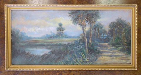 Original Vintage Antique Joseph Kleitsch Manner Panoramic California Plein Air Impressionist Palm Tree Landscape Colorist Oil Painting